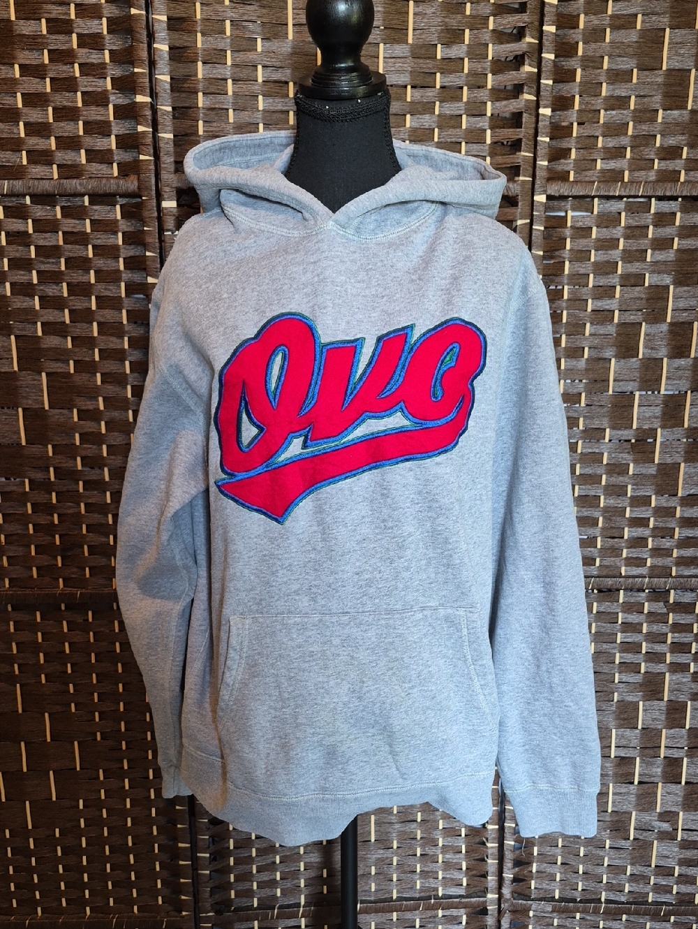 Gray OVO Pullover Hoodie with Red Script Logo - Men's Hooded Sweatshirt